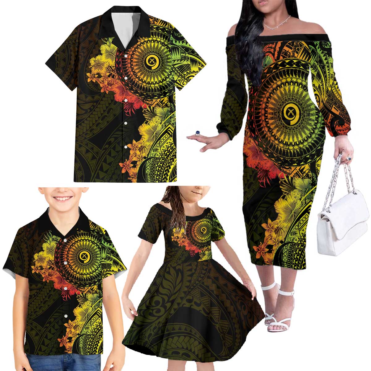 Vanuatu Family Matching Off The Shoulder Long Sleeve Dress and Hawaiian Shirt Hibisus Polynesian Pattern Reggae LT14 - Polynesian Pride
