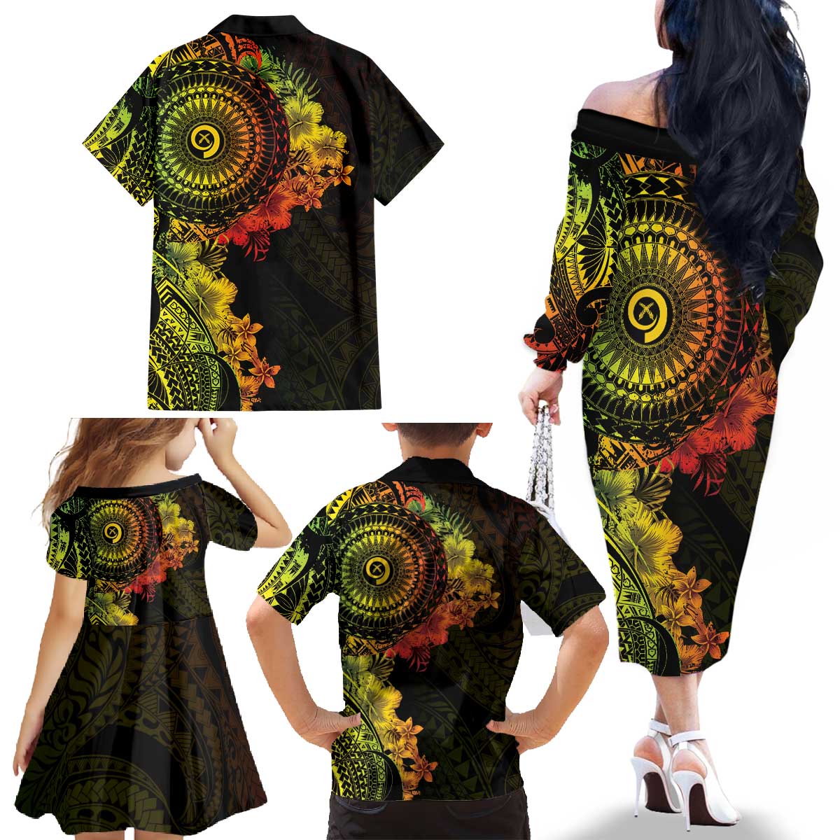 Vanuatu Family Matching Off The Shoulder Long Sleeve Dress and Hawaiian Shirt Hibisus Polynesian Pattern Reggae LT14 - Polynesian Pride