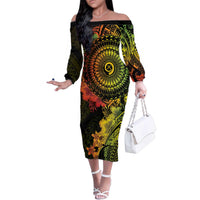 Vanuatu Family Matching Off The Shoulder Long Sleeve Dress and Hawaiian Shirt Hibisus Polynesian Pattern Reggae LT14 Mom's Dress Reggae - Polynesian Pride