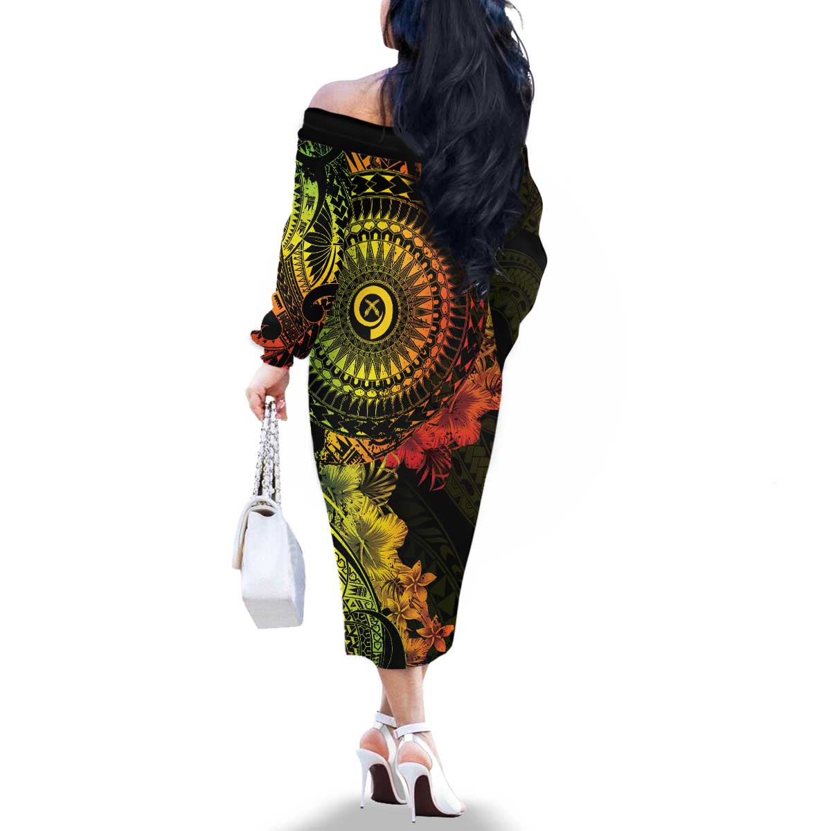 Vanuatu Family Matching Off The Shoulder Long Sleeve Dress and Hawaiian Shirt Hibisus Polynesian Pattern Reggae LT14 - Polynesian Pride