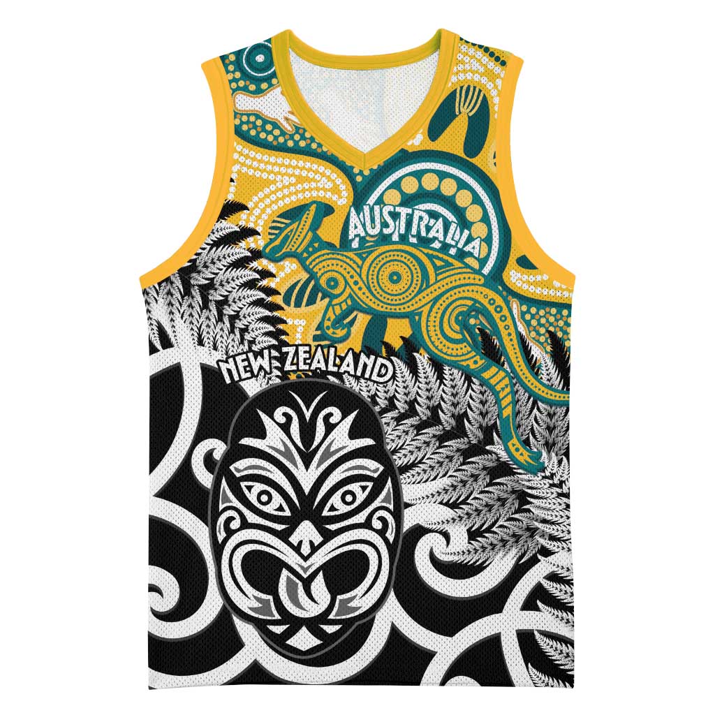 New Zealand Australia Rugby Custom Basketball Jersey Wallabies Aboriginal All Black Maori Tiki Together - Polynesian Pride