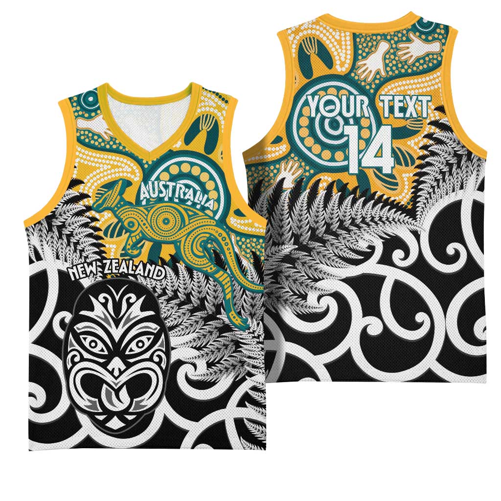 New Zealand Australia Rugby Custom Basketball Jersey Wallabies Aboriginal All Black Maori Tiki Together - Polynesian Pride