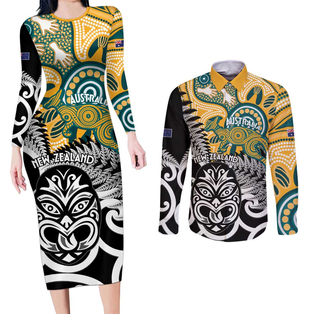 New Zealand Australia Rugby Custom Couples Matching Long Sleeve Bodycon Dress and Long Sleeve Button Shirt Wallabies Aboriginal All Black Maori Tiki Together - Polynesian Pride