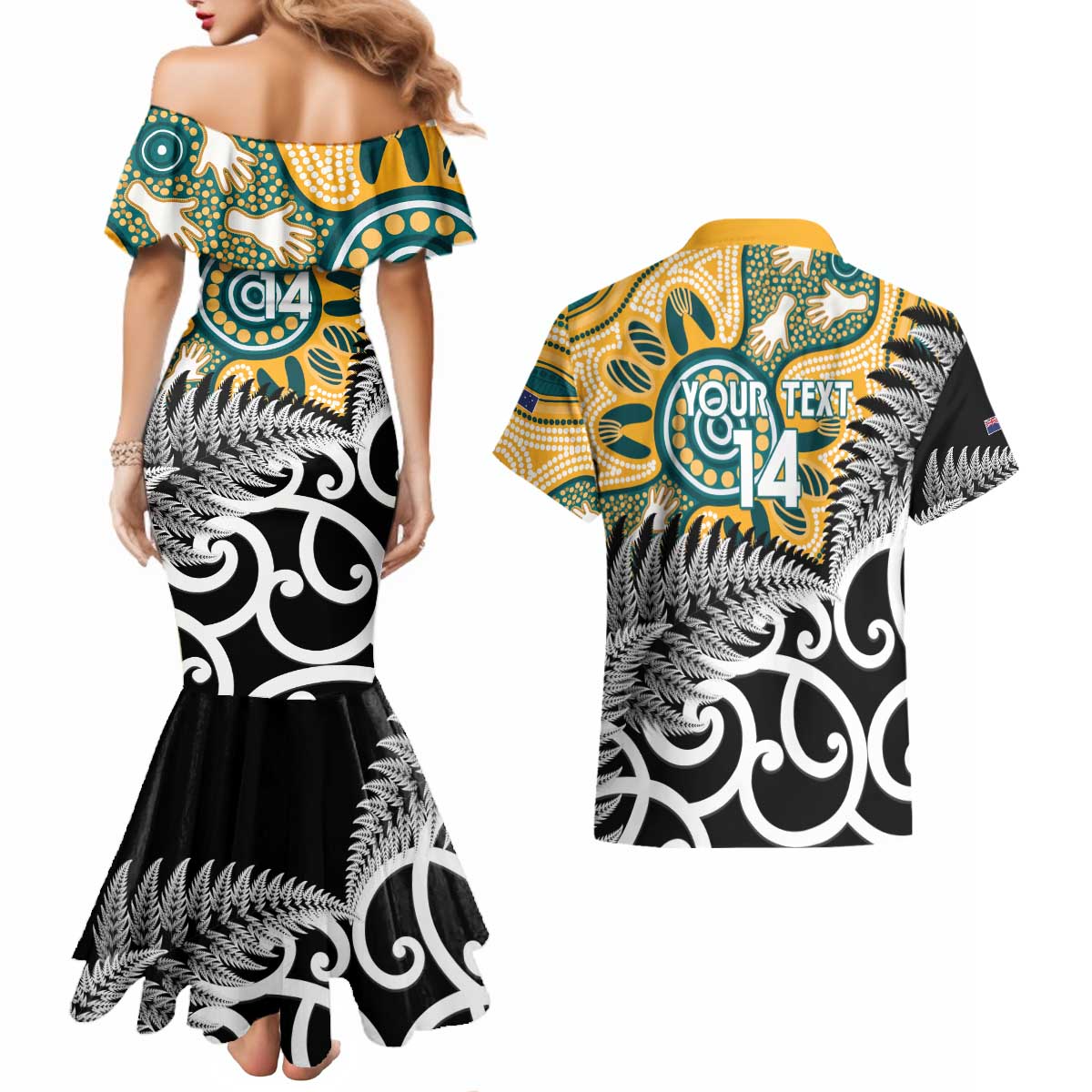 New Zealand Australia Rugby Custom Couples Matching Mermaid Dress and Hawaiian Shirt Wallabies Aboriginal All Black Maori Tiki Together - Polynesian Pride