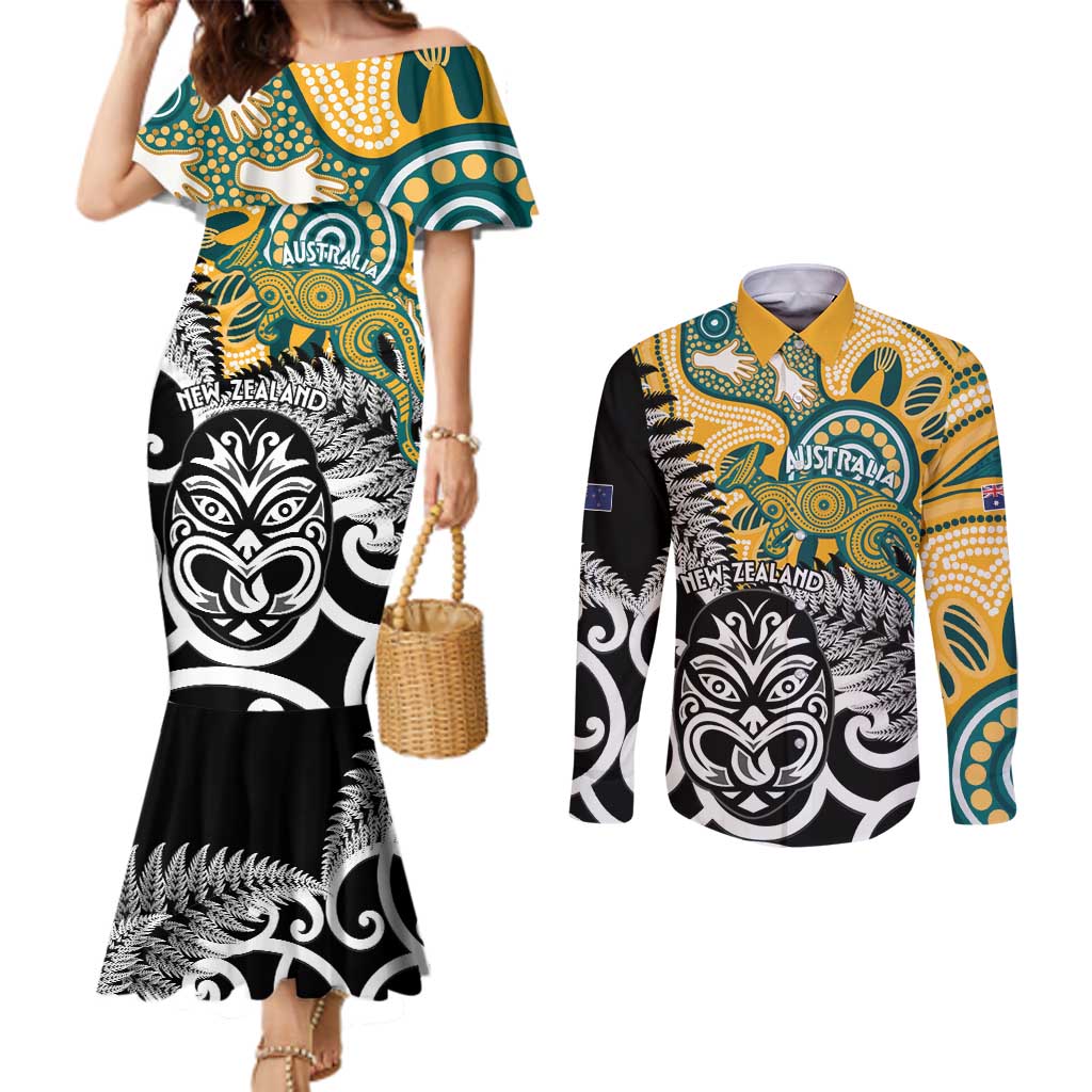 New Zealand Australia Rugby Custom Couples Matching Mermaid Dress and Long Sleeve Button Shirt Wallabies Aboriginal All Black Maori Tiki Together - Polynesian Pride