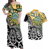 New Zealand Australia Rugby Custom Couples Matching Off Shoulder Maxi Dress and Hawaiian Shirt Wallabies Aboriginal All Black Maori Tiki Together LT14 Black - Polynesian Pride