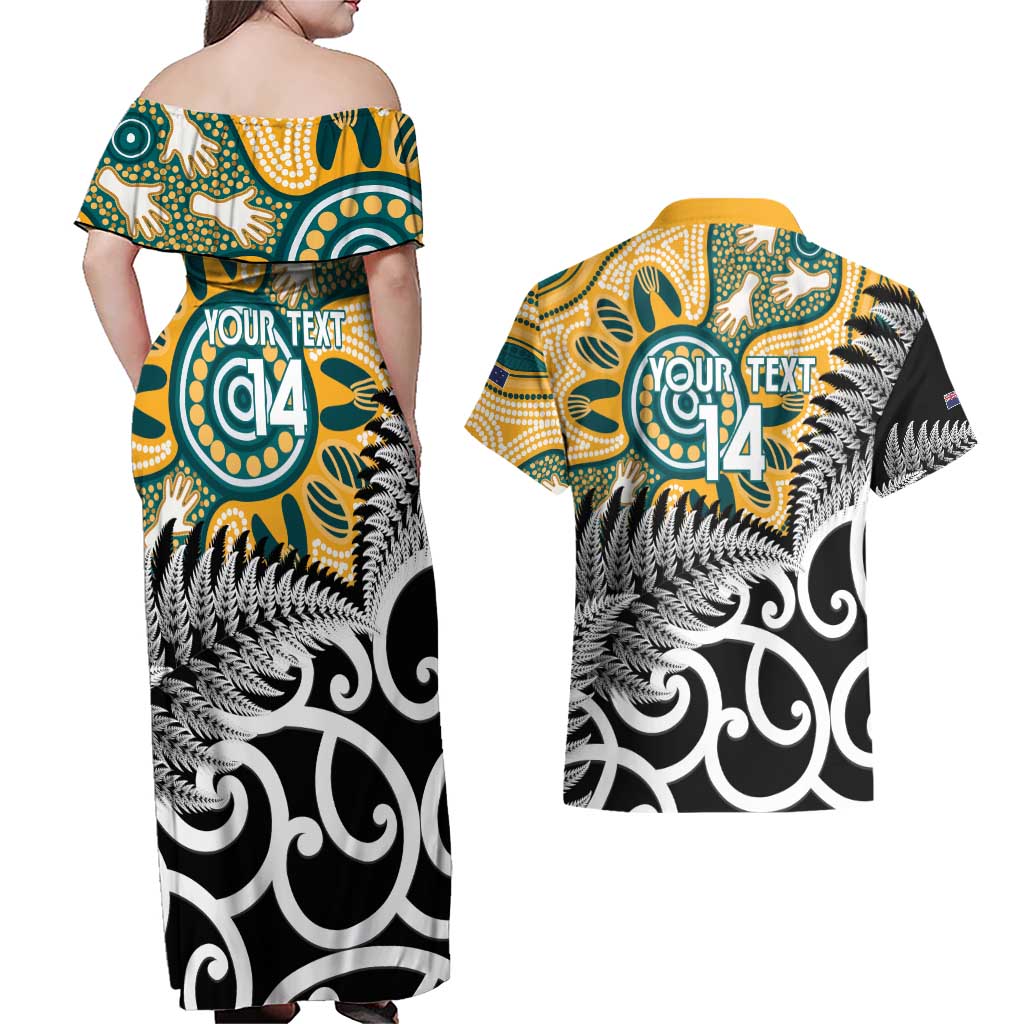 New Zealand Australia Rugby Custom Couples Matching Off Shoulder Maxi Dress and Hawaiian Shirt Wallabies Aboriginal All Black Maori Tiki Together LT14 - Polynesian Pride