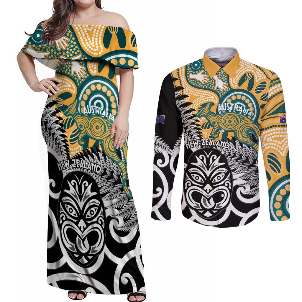 New Zealand Australia Rugby Custom Couples Matching Off Shoulder Maxi Dress and Long Sleeve Button Shirt Wallabies Aboriginal All Black Maori Tiki Together LT14 Black - Polynesian Pride