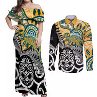 New Zealand Australia Rugby Custom Couples Matching Off Shoulder Maxi Dress and Long Sleeve Button Shirt Wallabies Aboriginal All Black Maori Tiki Together LT14 Black - Polynesian Pride