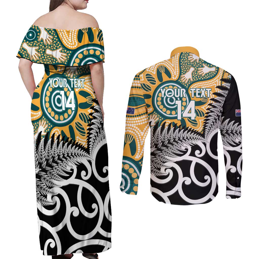 New Zealand Australia Rugby Custom Couples Matching Off Shoulder Maxi Dress and Long Sleeve Button Shirt Wallabies Aboriginal All Black Maori Tiki Together LT14 - Polynesian Pride