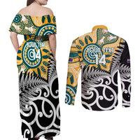 New Zealand Australia Rugby Custom Couples Matching Off Shoulder Maxi Dress and Long Sleeve Button Shirt Wallabies Aboriginal All Black Maori Tiki Together LT14 - Polynesian Pride