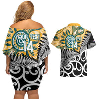 New Zealand Australia Rugby Custom Couples Matching Off Shoulder Short Dress and Hawaiian Shirt Wallabies Aboriginal All Black Maori Tiki Together LT14 - Polynesian Pride