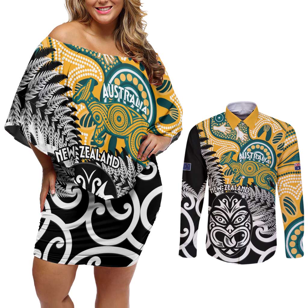 New Zealand Australia Rugby Custom Couples Matching Off Shoulder Short Dress and Long Sleeve Button Shirt Wallabies Aboriginal All Black Maori Tiki Together LT14 Black - Polynesian Pride