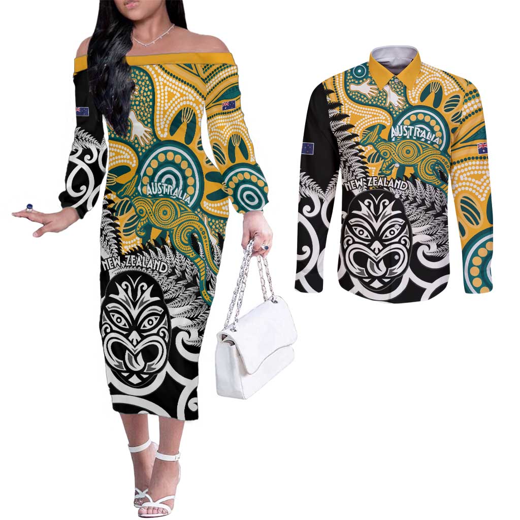 New Zealand Australia Rugby Custom Couples Matching Off The Shoulder Long Sleeve Dress and Long Sleeve Button Shirt Wallabies Aboriginal All Black Maori Tiki Together - Polynesian Pride