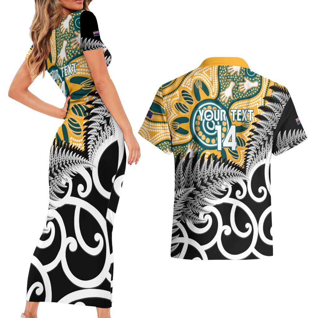 New Zealand Australia Rugby Custom Couples Matching Short Sleeve Bodycon Dress and Hawaiian Shirt Wallabies Aboriginal All Black Maori Tiki Together - Polynesian Pride