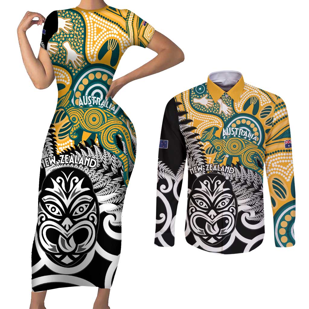 New Zealand Australia Rugby Custom Couples Matching Short Sleeve Bodycon Dress and Long Sleeve Button Shirt Wallabies Aboriginal All Black Maori Tiki Together - Polynesian Pride