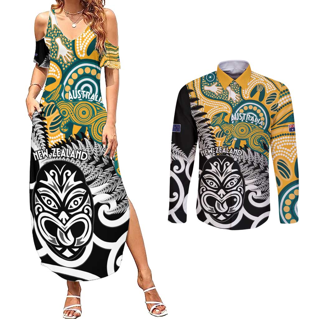 New Zealand Australia Rugby Custom Couples Matching Summer Maxi Dress and Long Sleeve Button Shirt Wallabies Aboriginal All Black Maori Tiki Together - Polynesian Pride