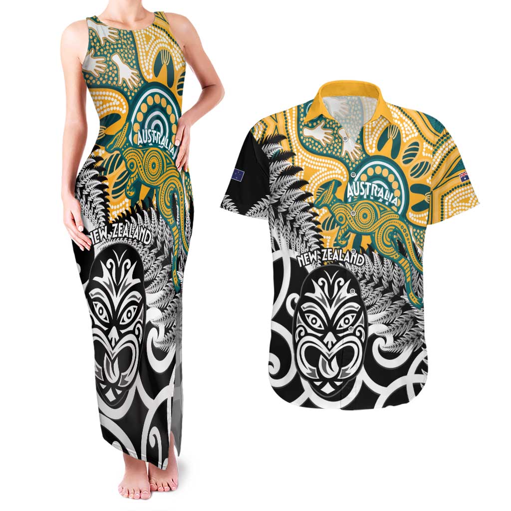 New Zealand Australia Rugby Custom Couples Matching Tank Maxi Dress and Hawaiian Shirt Wallabies Aboriginal All Black Maori Tiki Together - Polynesian Pride