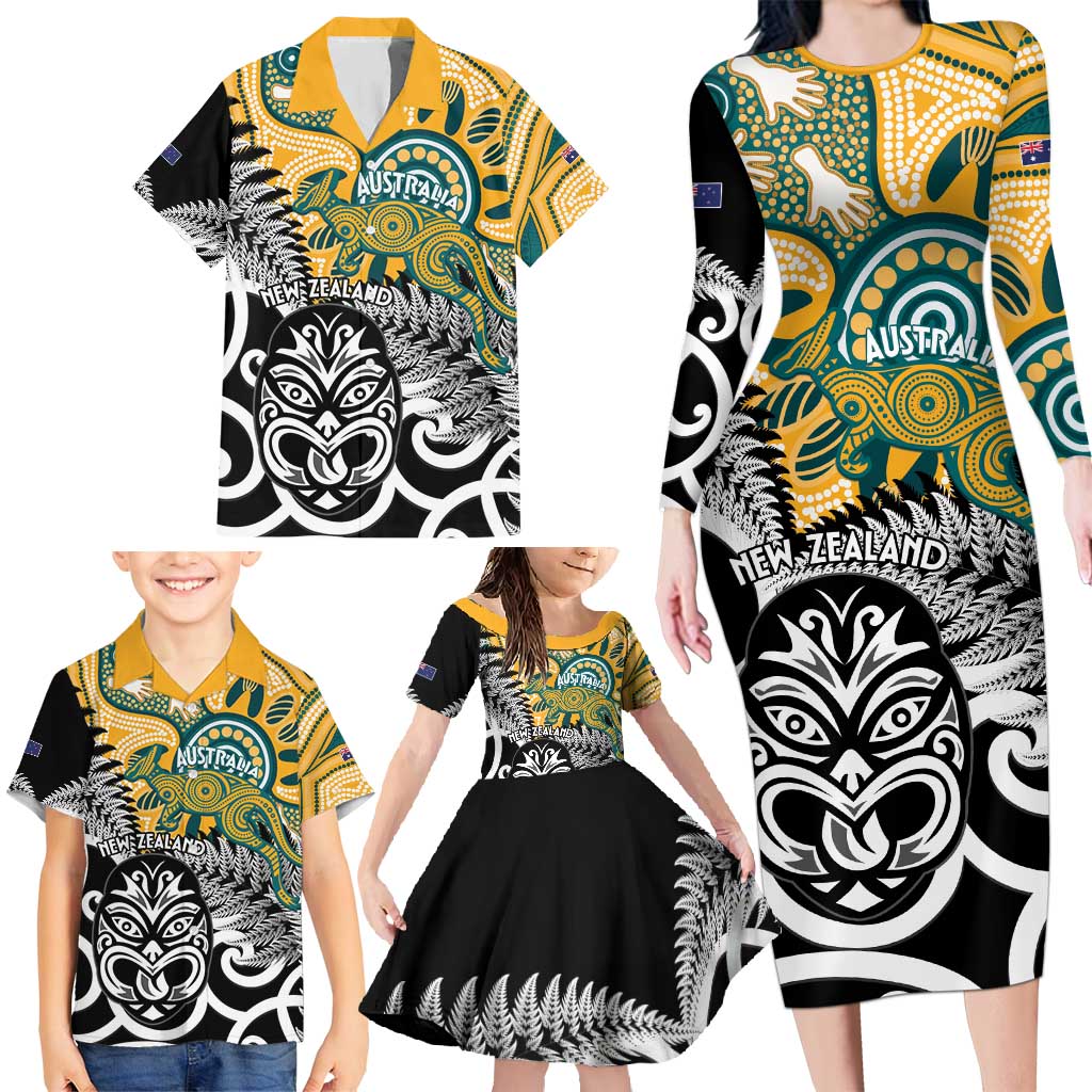 New Zealand Australia Rugby Custom Family Matching Long Sleeve Bodycon Dress and Hawaiian Shirt Wallabies Aboriginal All Black Maori Tiki Together - Polynesian Pride