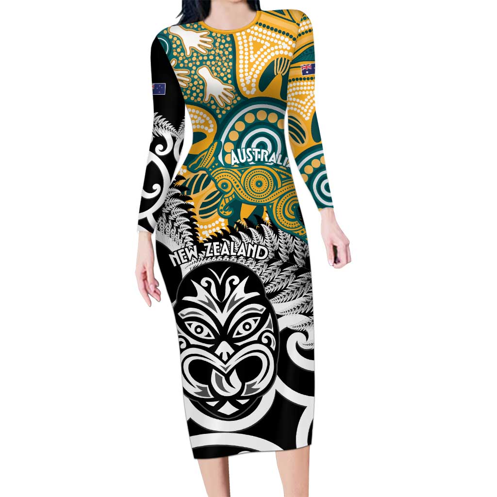 New Zealand Australia Rugby Custom Family Matching Long Sleeve Bodycon Dress and Hawaiian Shirt Wallabies Aboriginal All Black Maori Tiki Together LT14 Mom's Dress Black - Polynesian Pride