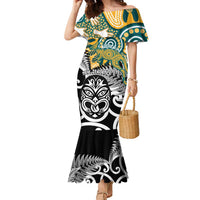 New Zealand Australia Rugby Custom Family Matching Mermaid Dress and Hawaiian Shirt Wallabies Aboriginal All Black Maori Tiki Together LT14 Mom's Dress Black - Polynesian Pride
