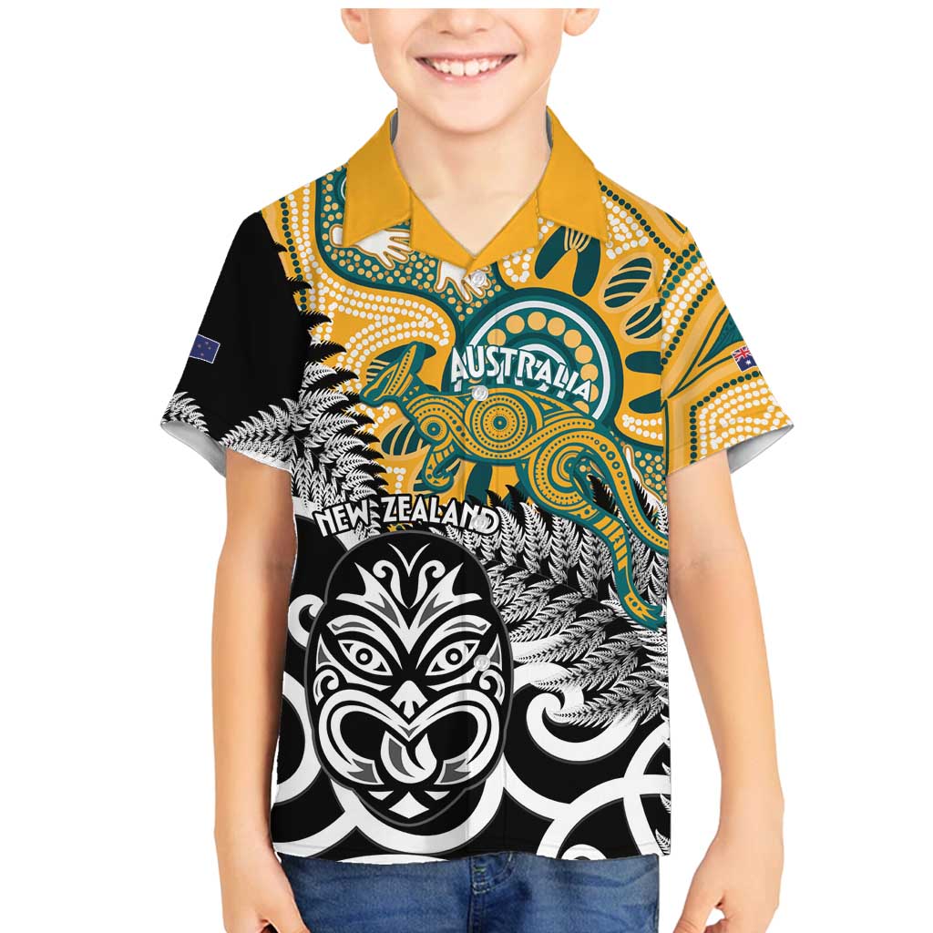 New Zealand Australia Rugby Custom Family Matching Mermaid Dress and Hawaiian Shirt Wallabies Aboriginal All Black Maori Tiki Together LT14 Son's Shirt Black - Polynesian Pride
