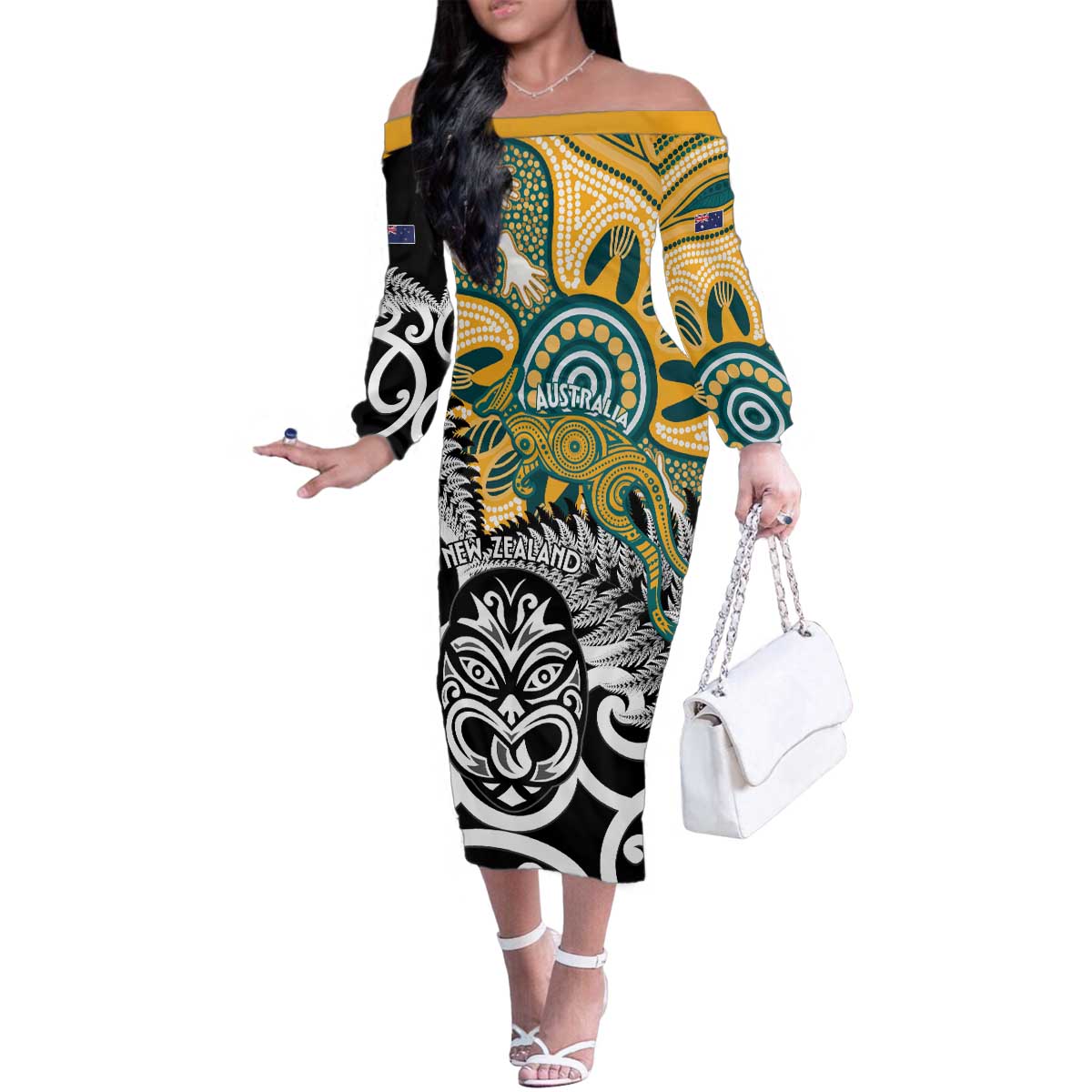 New Zealand Australia Rugby Custom Family Matching Off The Shoulder Long Sleeve Dress and Hawaiian Shirt Wallabies Aboriginal All Black Maori Tiki Together LT14 Mom's Dress Black - Polynesian Pride