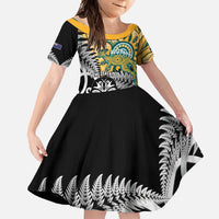 New Zealand Australia Rugby Custom Family Matching Off Shoulder Maxi Dress and Hawaiian Shirt Wallabies Aboriginal All Black Maori Tiki Together LT14 Daughter's Dress Black - Polynesian Pride