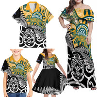 New Zealand Australia Rugby Custom Family Matching Off Shoulder Maxi Dress and Hawaiian Shirt Wallabies Aboriginal All Black Maori Tiki Together LT14 - Polynesian Pride