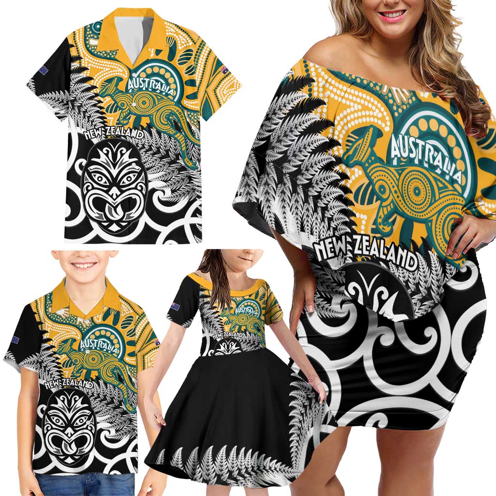 New Zealand Australia Rugby Custom Family Matching Off Shoulder Short Dress and Hawaiian Shirt Wallabies Aboriginal All Black Maori Tiki Together LT14 - Polynesian Pride