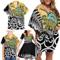 New Zealand Australia Rugby Custom Family Matching Off Shoulder Short Dress and Hawaiian Shirt Wallabies Aboriginal All Black Maori Tiki Together LT14 - Polynesian Pride