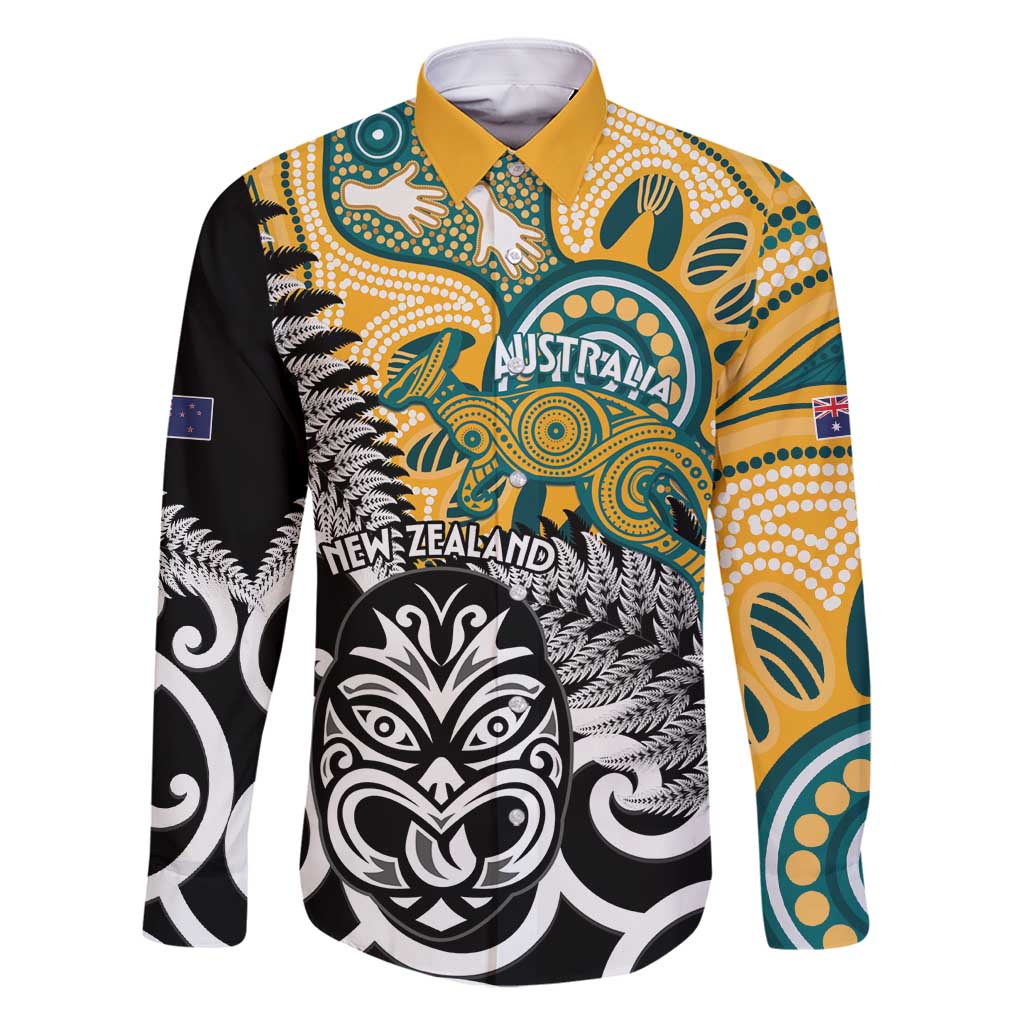 New Zealand Australia Rugby Custom Family Matching Off Shoulder Short Dress and Hawaiian Shirt Wallabies Aboriginal All Black Maori Tiki Together LT14 Dad's Shirt - Long Sleeve Black - Polynesian Pride