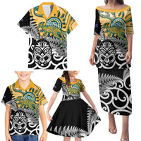 New Zealand Australia Rugby Custom Family Matching Puletasi and Hawaiian Shirt Wallabies Aboriginal All Black Maori Tiki Together - Polynesian Pride