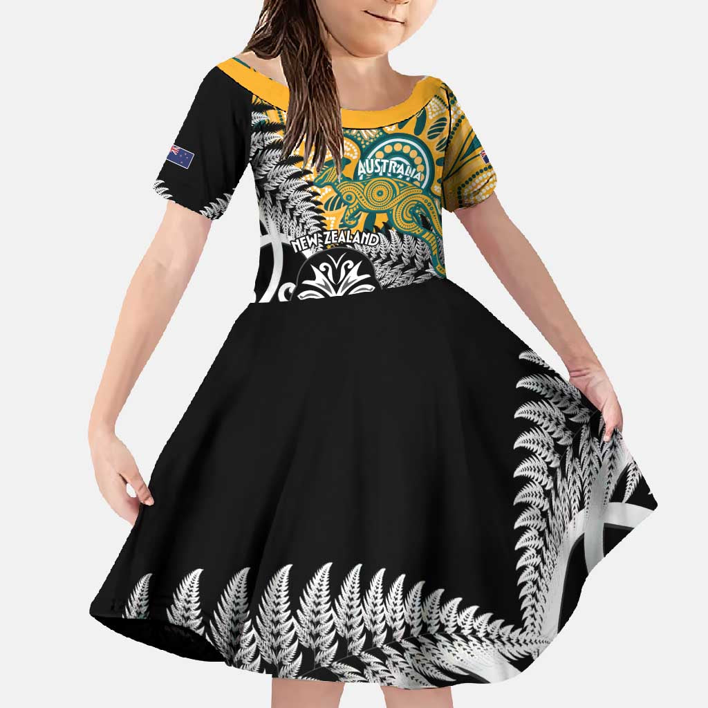 New Zealand Australia Rugby Custom Family Matching Summer Maxi Dress and Hawaiian Shirt Wallabies Aboriginal All Black Maori Tiki Together LT14 Daughter's Dress Black - Polynesian Pride