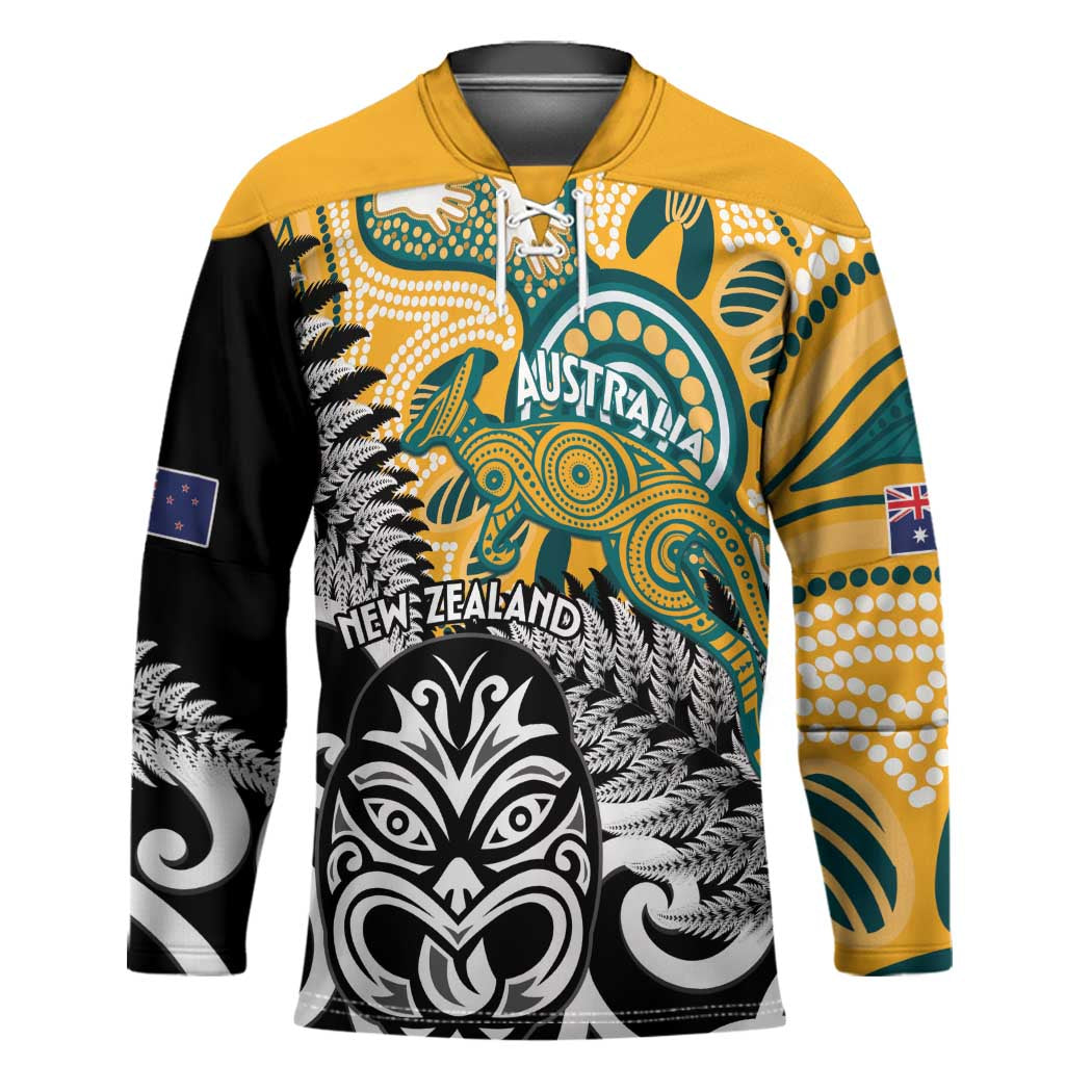 New Zealand Australia Rugby Custom Hockey Jersey Wallabies Aboriginal All Black Maori Tiki Together LT14 Unisex Black - Polynesian Pride