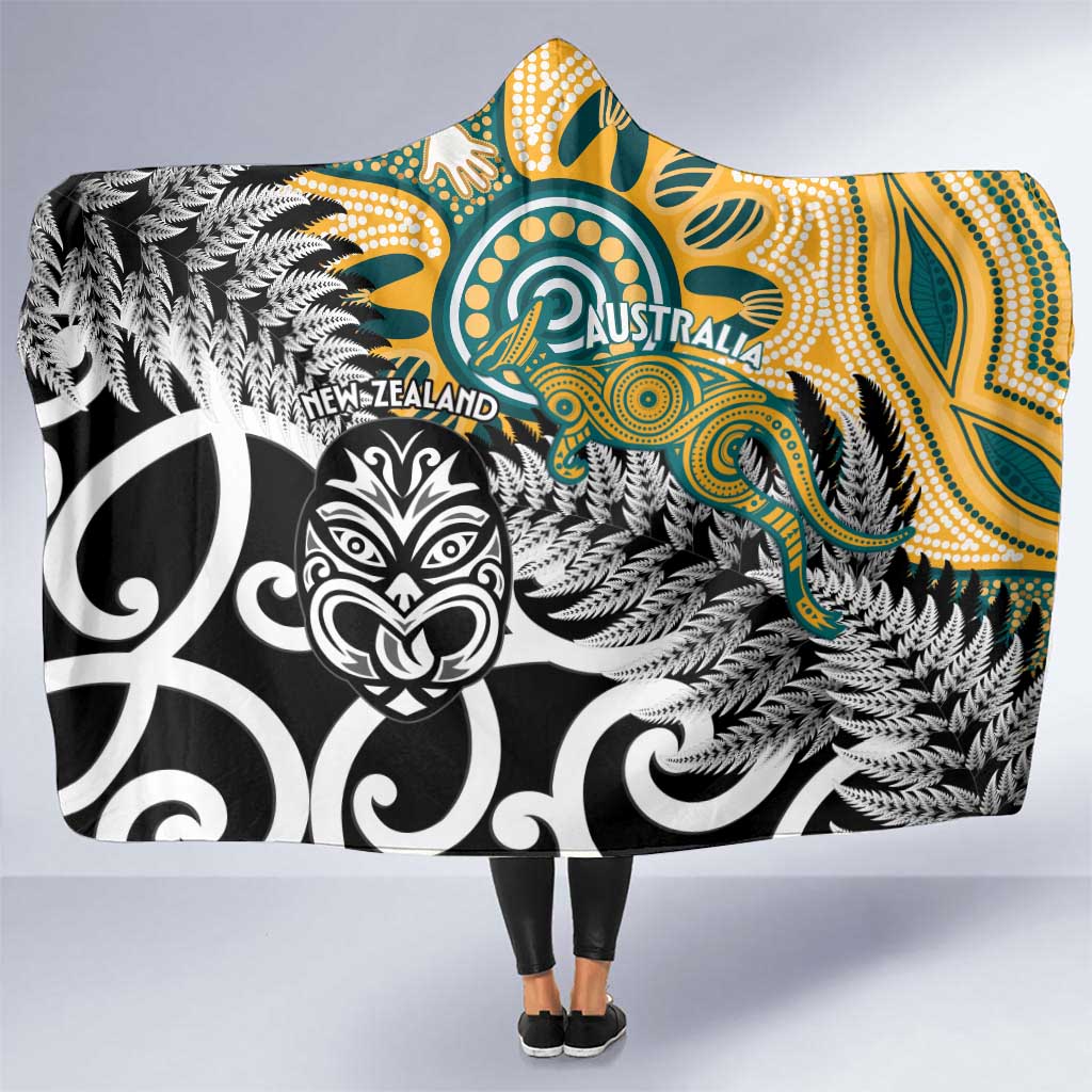 New Zealand Australia Rugby Hooded Blanket Wallabies Aboriginal All Black Maori Tiki Together LT14 One Size Black - Polynesian Pride