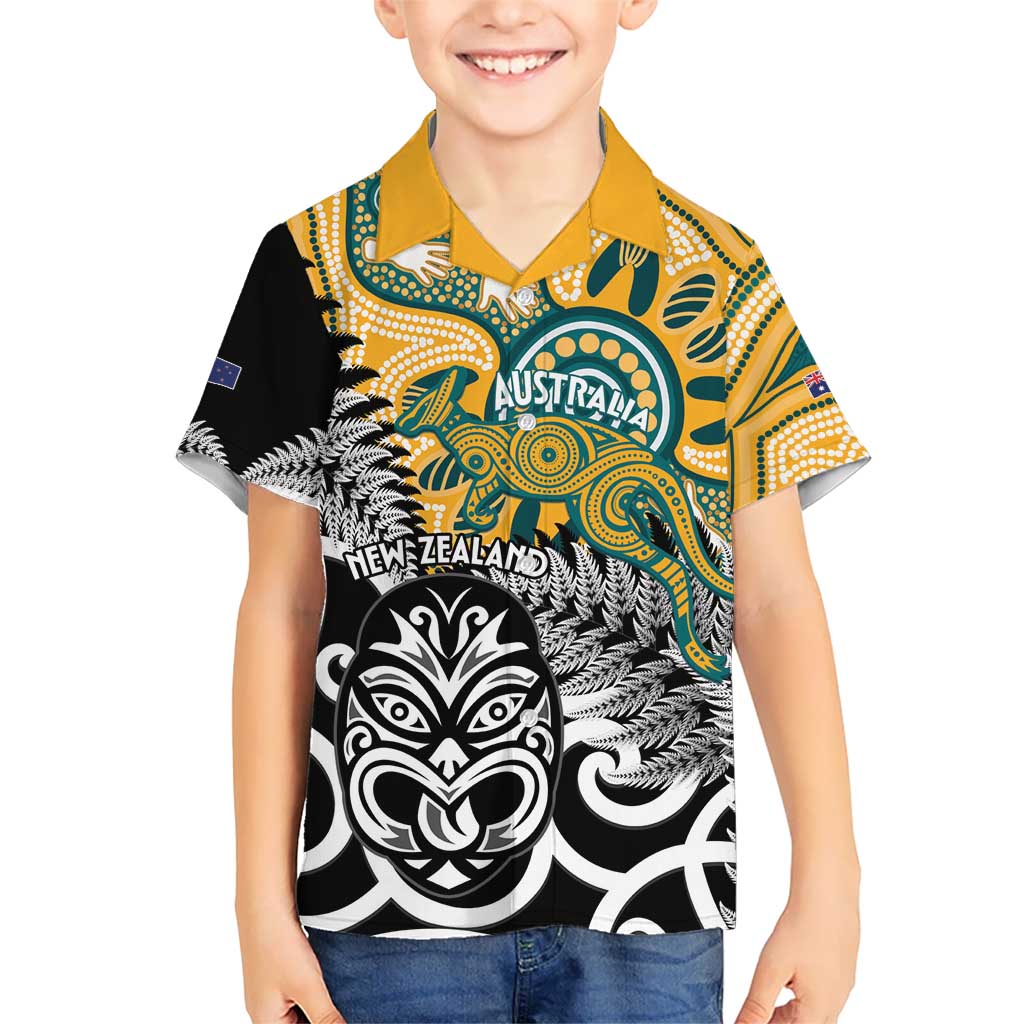 New Zealand Australia Rugby Custom Kid Hawaiian Shirt Wallabies Aboriginal All Black Maori Tiki Together - Polynesian Pride