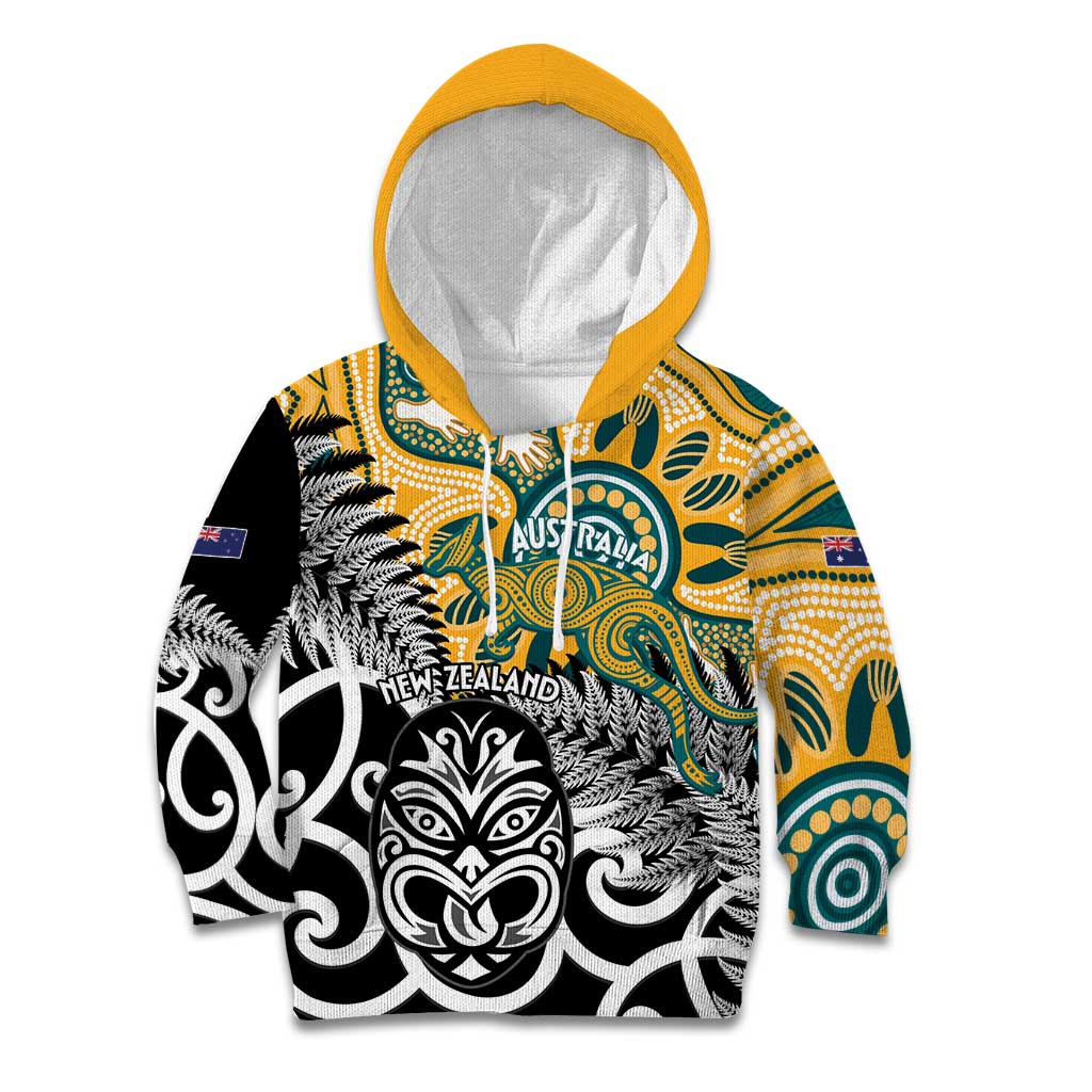 New Zealand Australia Rugby Custom Kid Hoodie Wallabies Aboriginal All Black Maori Tiki Together LT14 Hoodie Black - Polynesian Pride