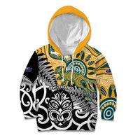New Zealand Australia Rugby Custom Kid Hoodie Wallabies Aboriginal All Black Maori Tiki Together LT14 Hoodie Black - Polynesian Pride