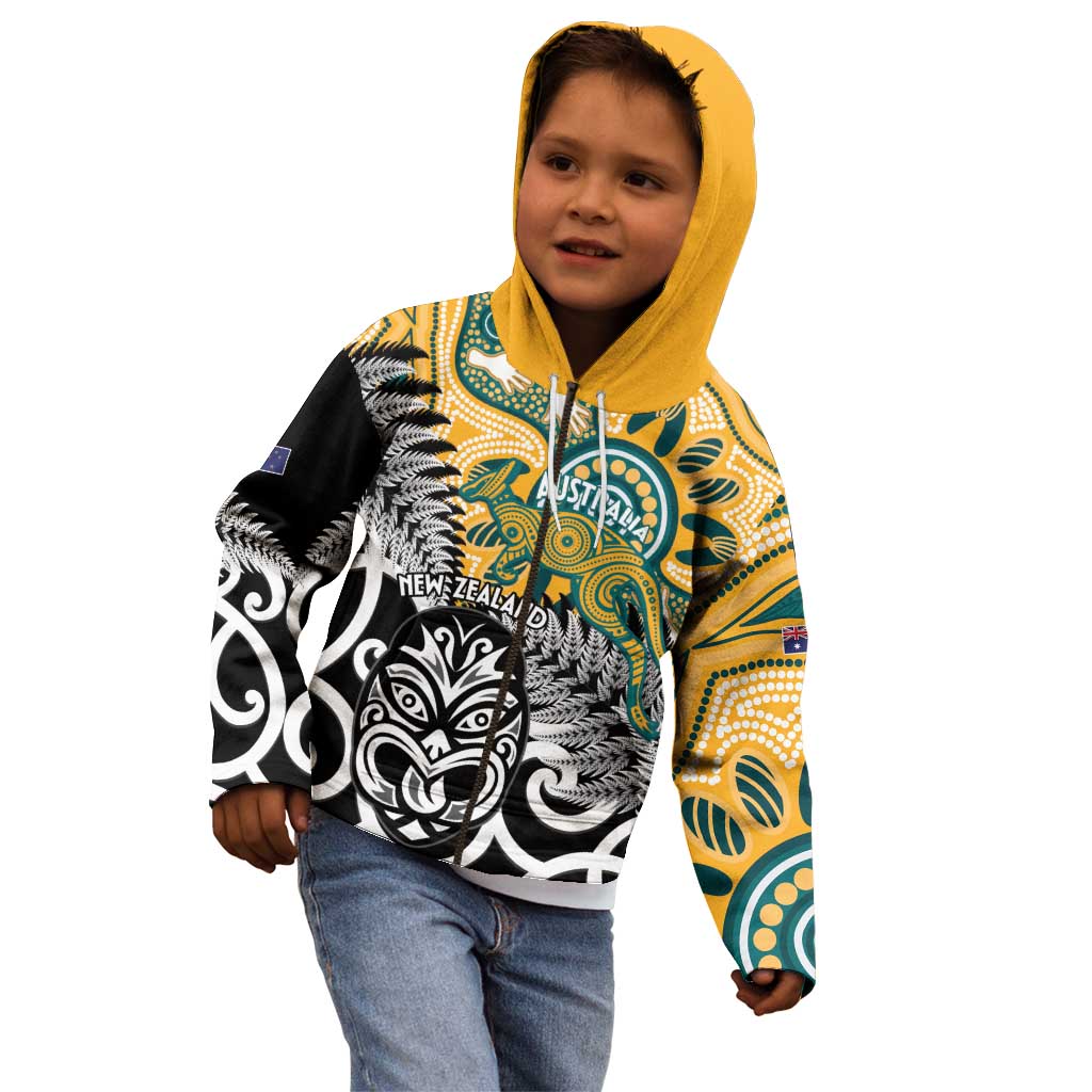 New Zealand Australia Rugby Custom Kid Hoodie Wallabies Aboriginal All Black Maori Tiki Together LT14 - Polynesian Pride