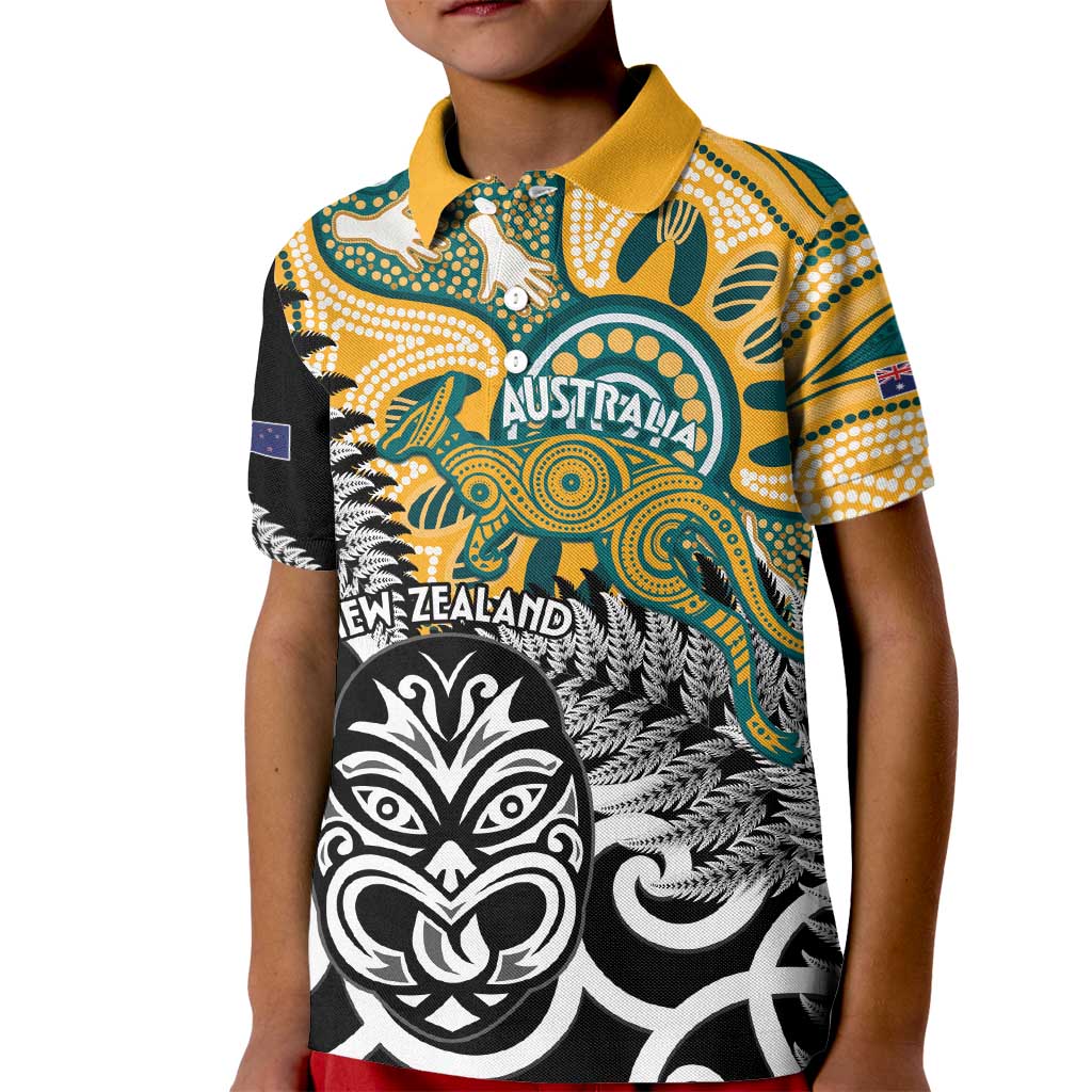 New Zealand Australia Rugby Custom Kid Polo Shirt Wallabies Aboriginal All Black Maori Tiki Together LT14 Kid Black - Polynesian Pride