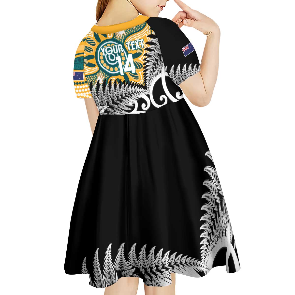New Zealand Australia Rugby Custom Kid Short Sleeve Dress Wallabies Aboriginal All Black Maori Tiki Together LT14 - Polynesian Pride