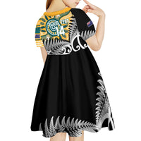 New Zealand Australia Rugby Custom Kid Short Sleeve Dress Wallabies Aboriginal All Black Maori Tiki Together LT14 - Polynesian Pride