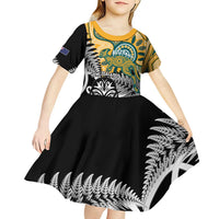 New Zealand Australia Rugby Custom Kid Short Sleeve Dress Wallabies Aboriginal All Black Maori Tiki Together LT14 - Polynesian Pride