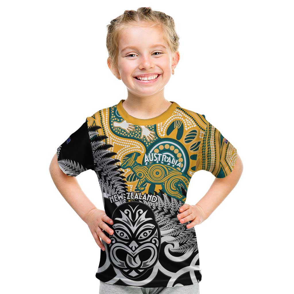 New Zealand Australia Rugby Custom Kid T Shirt Wallabies Aboriginal All Black Maori Tiki Together LT14 Black - Polynesian Pride