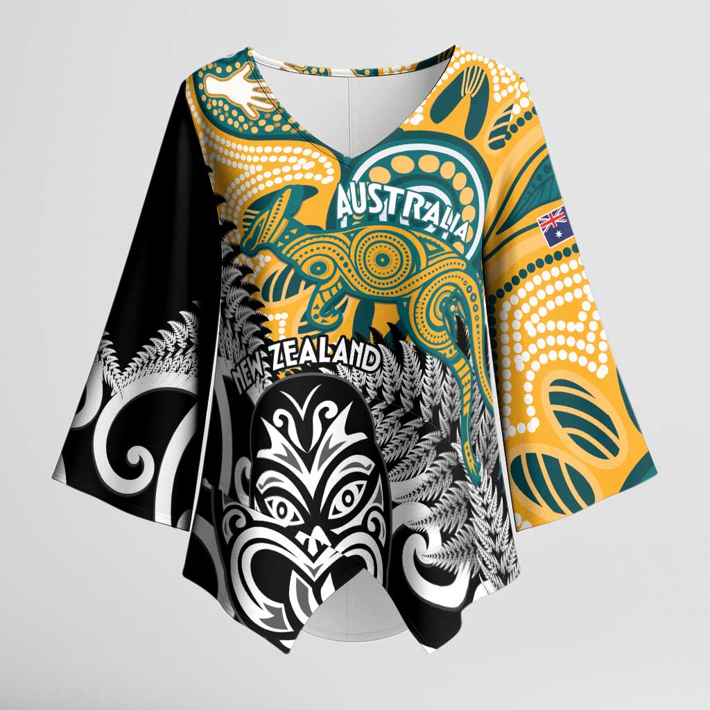 New Zealand Australia Rugby Custom Kimono Sleeve Blouse Wallabies Aboriginal All Black Maori Tiki Together LT14 Female Black - Polynesian Pride