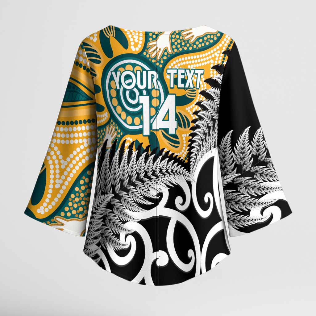 New Zealand Australia Rugby Custom Kimono Sleeve Blouse Wallabies Aboriginal All Black Maori Tiki Together LT14 - Polynesian Pride