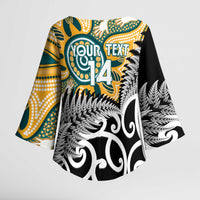 New Zealand Australia Rugby Custom Kimono Sleeve Blouse Wallabies Aboriginal All Black Maori Tiki Together LT14 - Polynesian Pride
