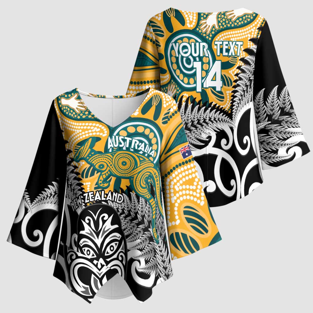 New Zealand Australia Rugby Custom Kimono Sleeve Blouse Wallabies Aboriginal All Black Maori Tiki Together LT14 - Polynesian Pride