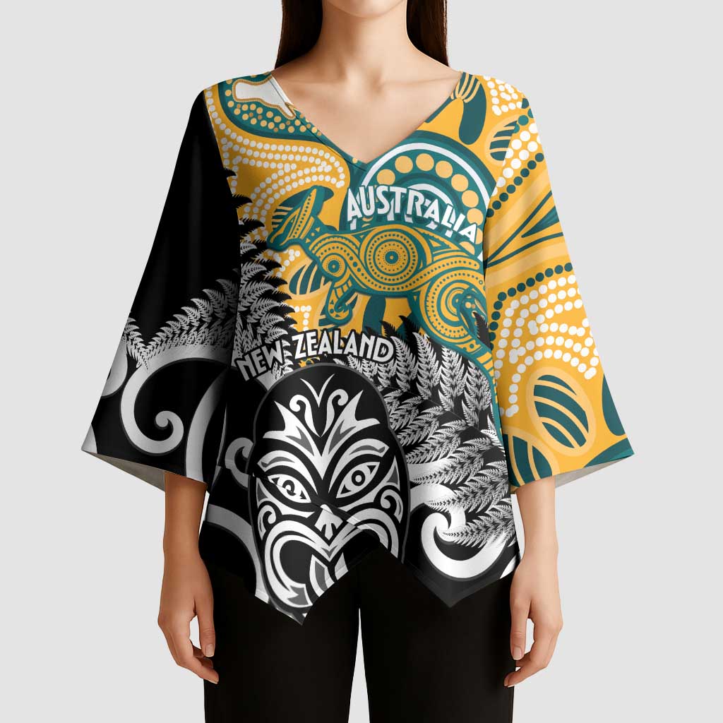 New Zealand Australia Rugby Custom Kimono Sleeve Blouse Wallabies Aboriginal All Black Maori Tiki Together LT14 - Polynesian Pride